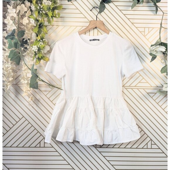 ZARA Women's Tiered  WITH  RUFFLED T-SHIRT Short Sleeve Cotton Size Small - Picture 1 of 6
